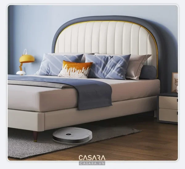 Giường ngủ hiện đại, phong cách tối giản, màu sắc hài hòa, ấm cúng.