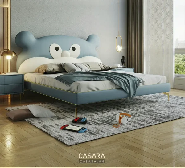 Giường ngủ hình gấu xanh dương cho bé, thiết kế hiện đại, đáng yêu.