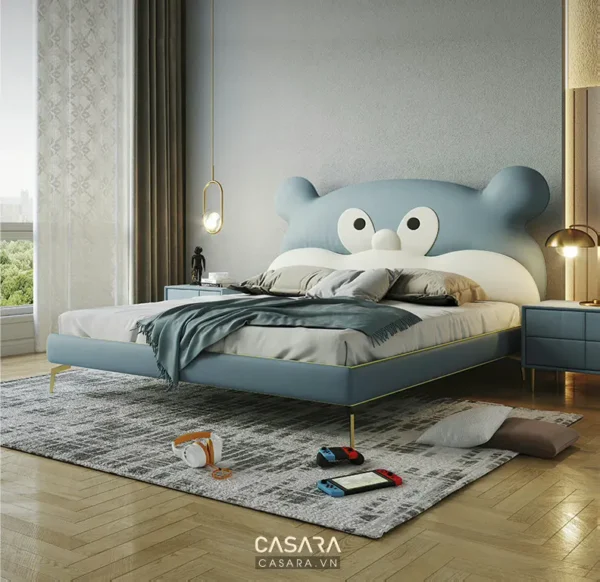 Phòng ngủ trẻ em thiết kế hình gấu đáng yêu, màu xanh nhẹ nhàng.