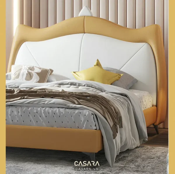 Giường ngủ hiện đại, sang trọng với thiết kế đầu giường cong mềm mại.