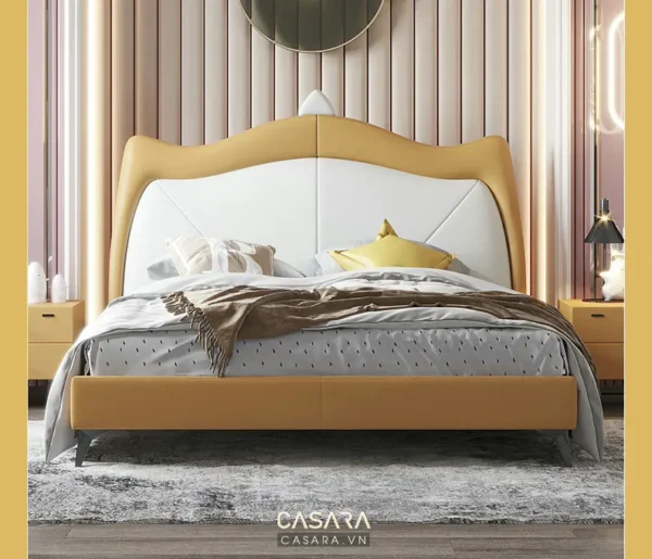 Giường ngủ hiện đại, màu vàng nhạt, thiết kế đầu giường độc đáo.