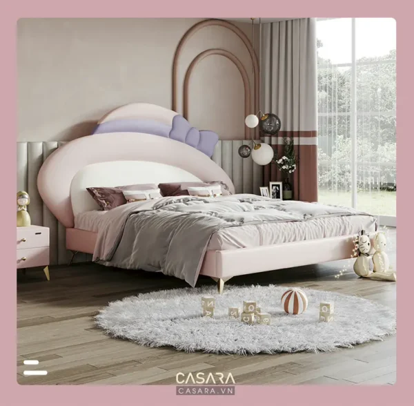 Phòng ngủ hiện đại, ấm cúng với giường hình bán nguyệt màu trắng.