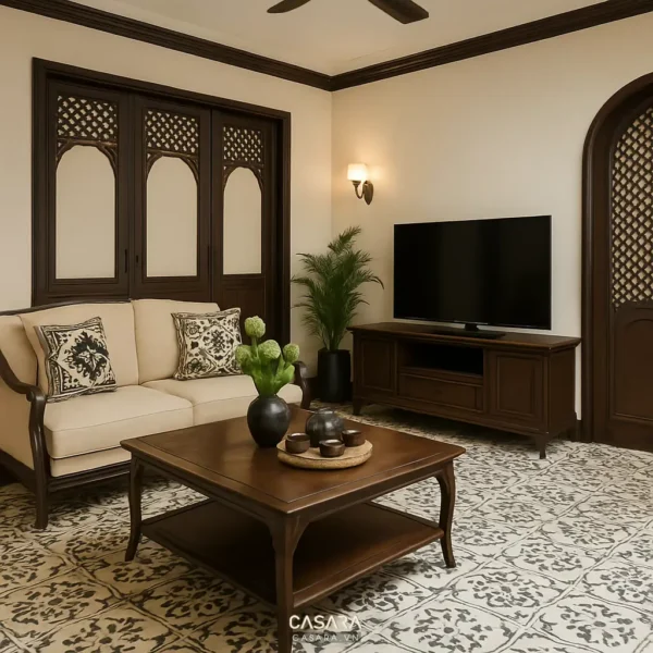 Phòng khách Indochine ấm cúng với sofa sáng và bàn gỗ cho chủ đề nhà phố phong cách Indochine Casara.