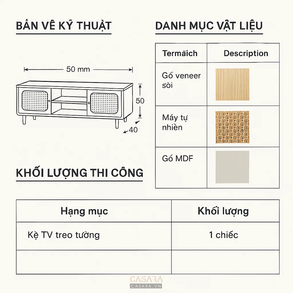 Bản vẽ kỹ thuật nội thất kèm danh mục vật liệu để kiểm tra trước khi duyệt hồ sơ