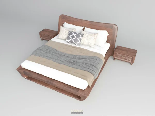 Giường ngủ gỗ hiện đại, phong cách tối giản, ấm cúng.