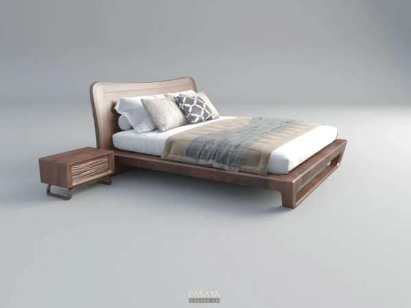 Giường gỗ dáng thấp, thiết kế tối giản, hiện đại và sang trọng.