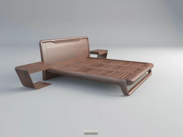 Giường gỗ đơn giản, hiện đại với thiết kế tối giản và màu nâu ấm áp.