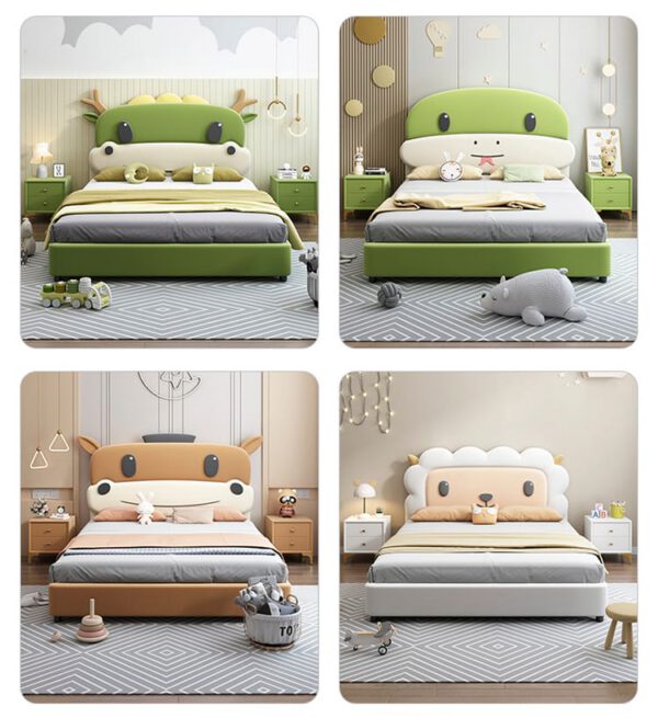 Bốn mẫu giường trẻ em hình thú đáng yêu, màu sắc tươi sáng.