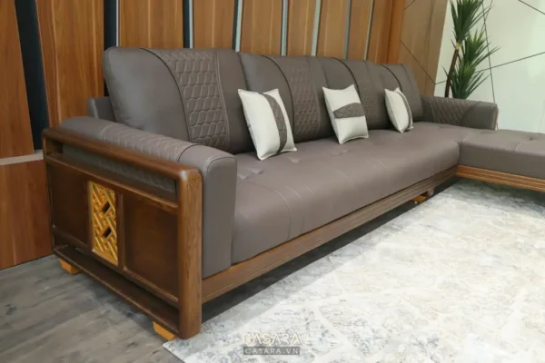 Bộ sofa góc hiện đại, sang trọng với chất liệu da và gỗ cao cấp.