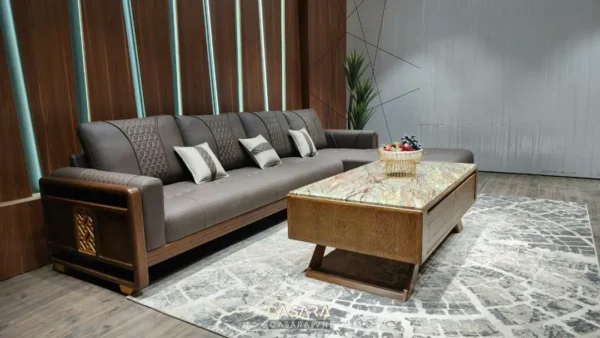 Phòng khách hiện đại với bộ sofa góc gỗ tự nhiên sang trọng.