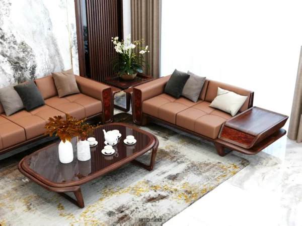 Phòng khách hiện đại với bộ sofa da màu nâu sang trọng.