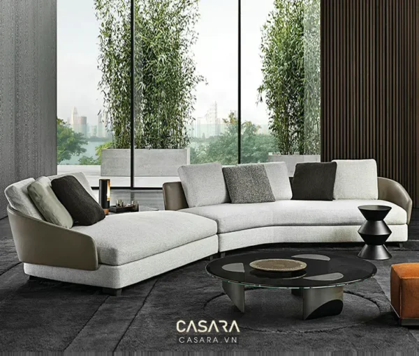 Phòng khách hiện đại với bộ sofa góc lớn.