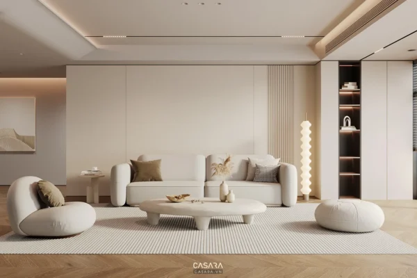 Phòng khách 25m2 với sofa đẹp và bố cục gọn