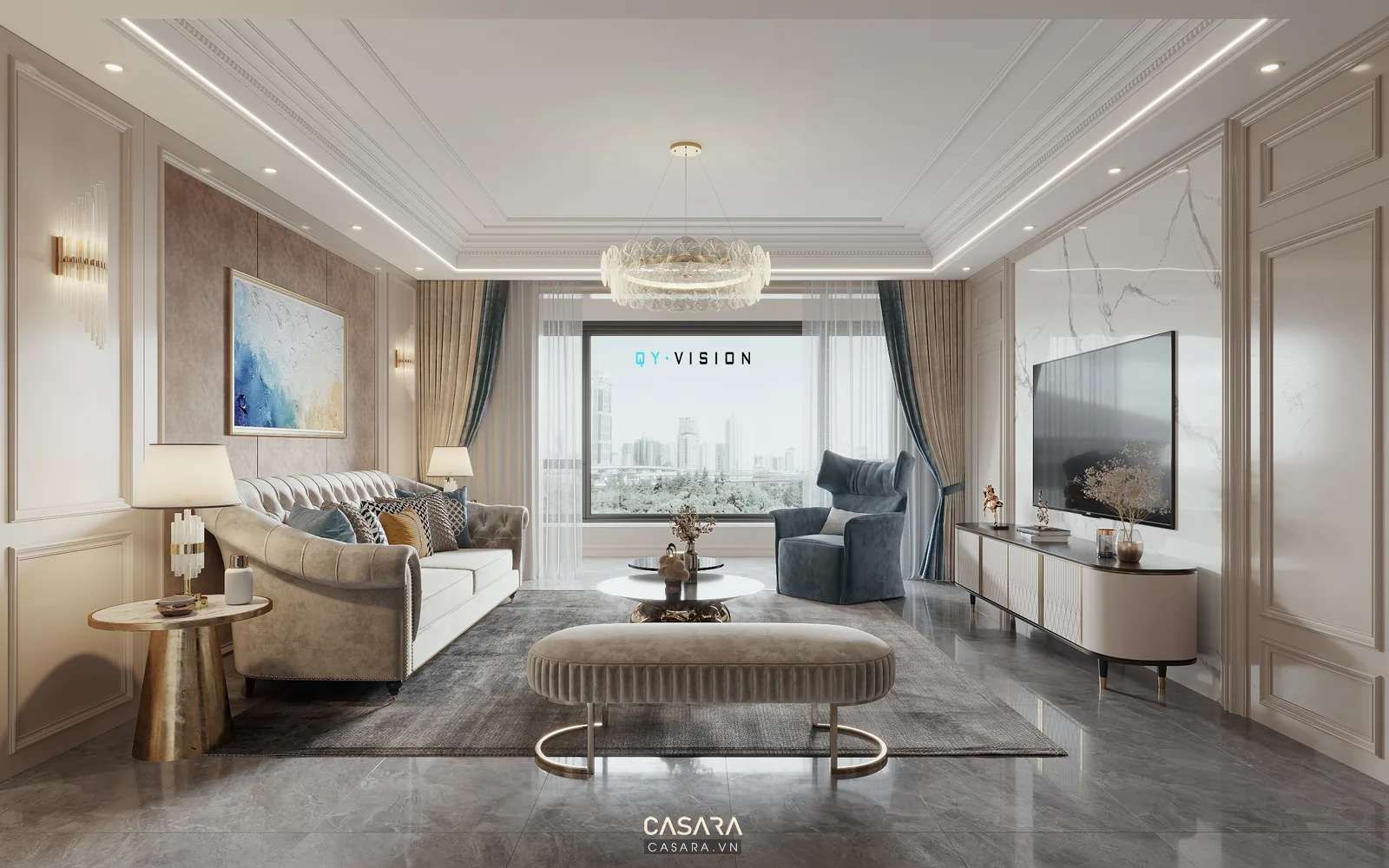 Sofa phòng khách 25m2 phối bàn trà gọn