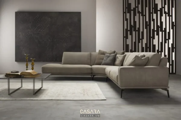 Phòng khách hiện đại với sofa góc màu be tinh tế, sang trọng.