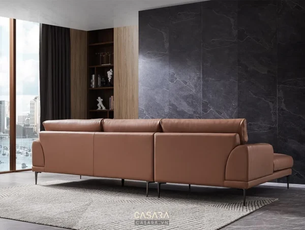 Phòng khách hiện đại với sofa da màu cam đất sang trọng.