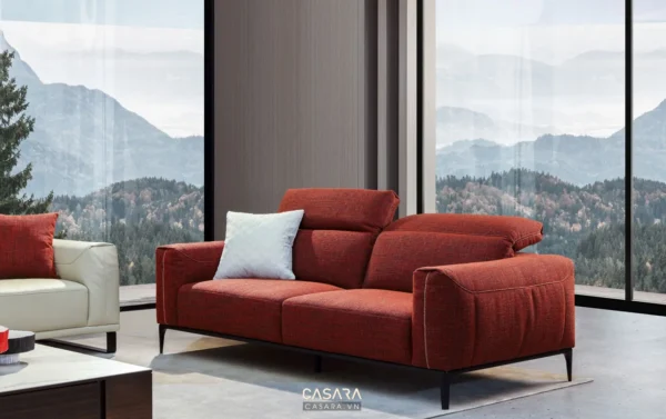 Bộ sofa hiện đại màu đỏ cam nổi bật trong không gian phòng khách sang trọng.