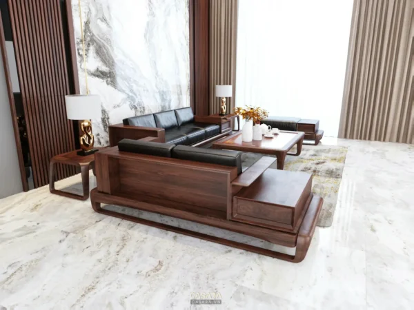 Phòng khách hiện đại, sang trọng với nội thất gỗ và da tối màu.