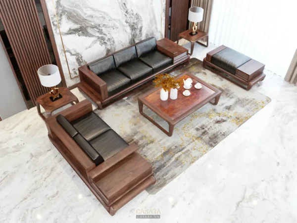 Phòng khách sang trọng với bộ sofa gỗ và sàn đá cao cấp.