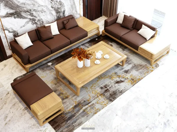 Phòng khách hiện đại với sofa màu nâu, bàn trà gỗ và thảm họa tiết độc đáo.