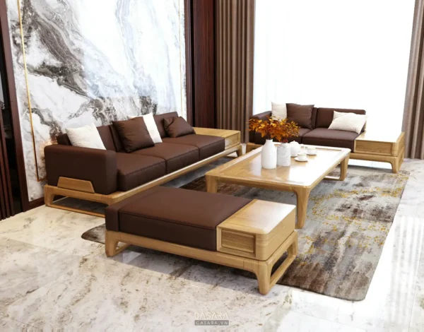 Phòng khách hiện đại với sofa nâu, bàn trà gỗ và thảm họa tiết độc đáo.