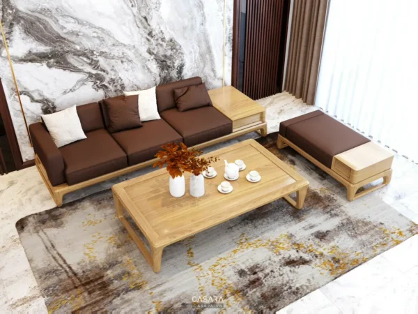 Phòng khách hiện đại với bộ sofa nâu, bàn trà gỗ và thảm họa tiết độc đáo.