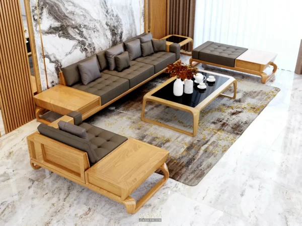 Phòng khách hiện đại với bộ sofa gỗ và đá sang trọng.