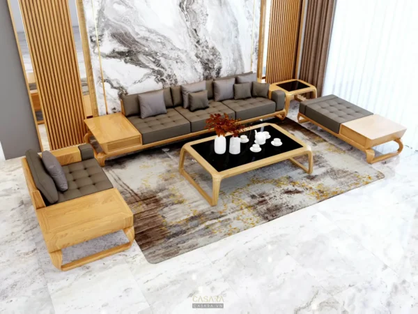 Phòng khách hiện đại, sang trọng với đồ nội thất gỗ và sofa êm ái.