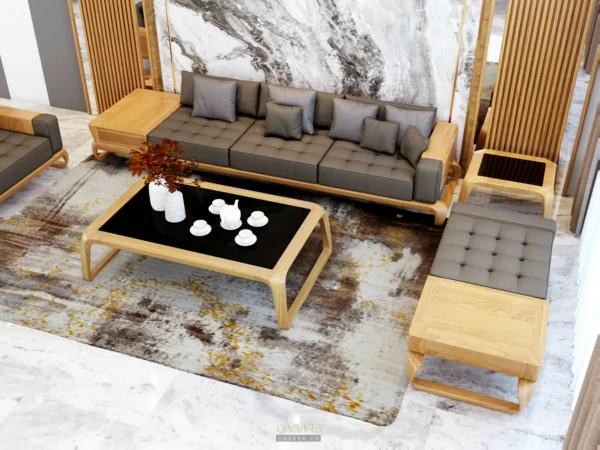Phòng khách hiện đại với sofa gỗ và thảm họa tiết tinh tế.