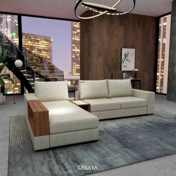 Phòng khách hiện đại với sofa góc và cửa sổ lớn.