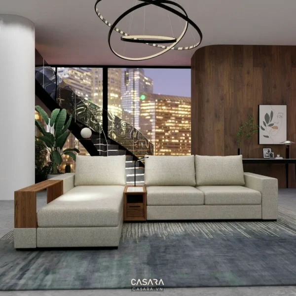 Phòng khách hiện đại với ánh sáng dịu.