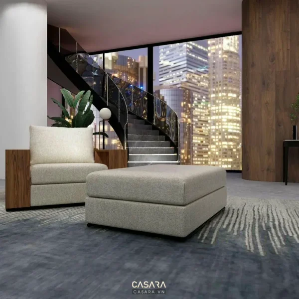 Phòng khách hiện đại với tầm nhìn thành phố.