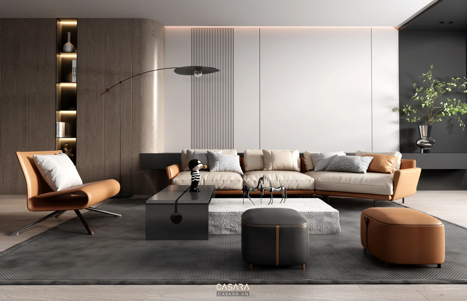 Phòng khách nhà phố với tường be xám sofa be và rèm sáng