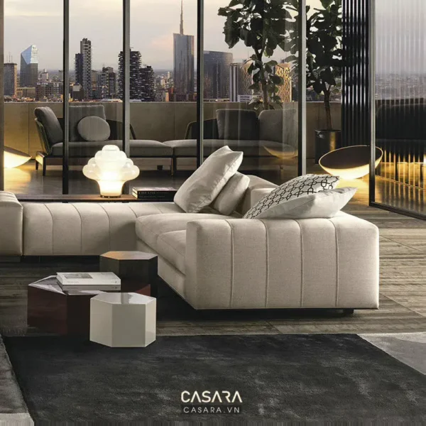 Phòng khách hiện đại, sang trọng với tầm nhìn thành phố tuyệt đẹp.