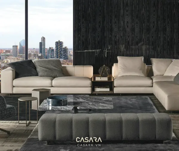 Phòng khách hiện đại, sang trọng với tầm nhìn thành phố tuyệt đẹp.