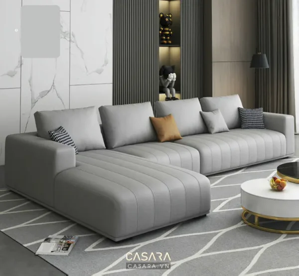 Bộ sofa góc hiện đại, màu xám sang trọng trong không gian phòng khách.