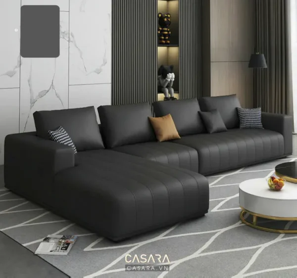 Phòng khách hiện đại với bộ sofa góc màu đen sang trọng.