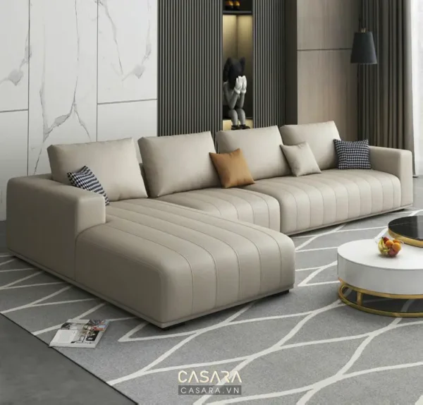 Phòng khách hiện đại với sofa góc màu be sang trọng, tinh tế.