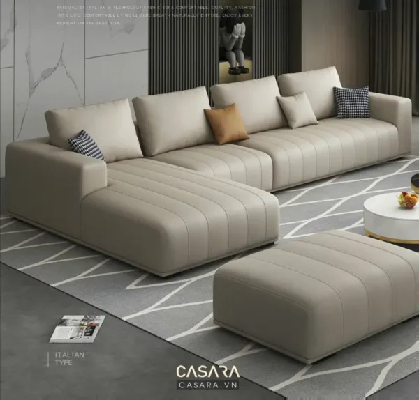 Bộ sofa góc hiện đại, sang trọng với gam màu trung tính ấm áp.