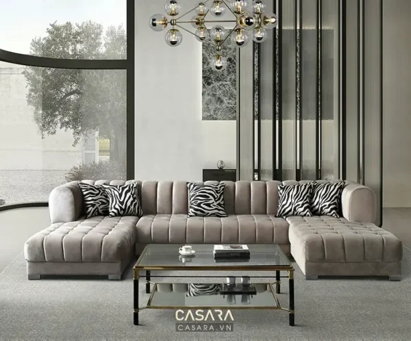 Phòng khách hiện đại với bộ sofa góc sang trọng, tinh tế.