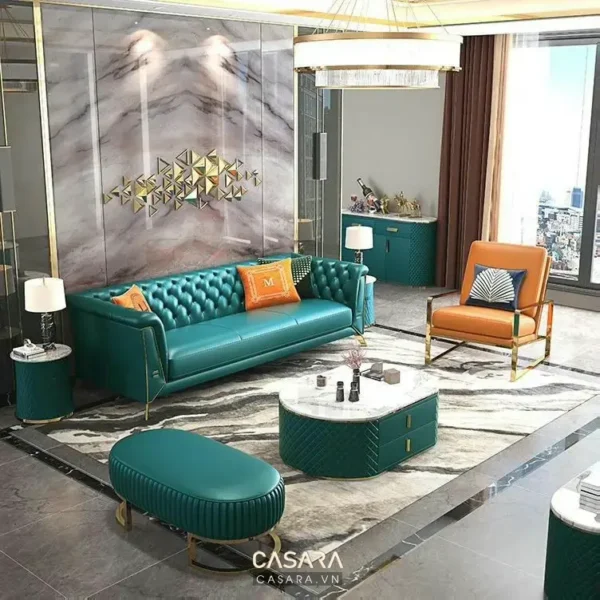 Phòng khách sang trọng với nội thất màu xanh và cam.