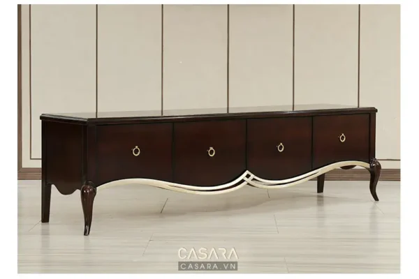 Tủ gỗ màu nâu với 4 ngăn kéo và chân cong tinh tế