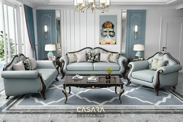 Phòng khách sang trọng với bộ sofa và ghế bành hiện đại.