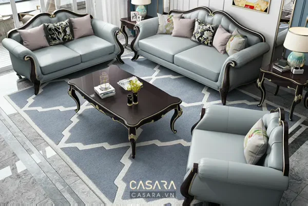 Phòng khách sang trọng với bộ sofa màu xám.