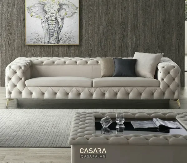 Ghế sofa phong cách châu Âu sang trọng, màu be tinh tế.