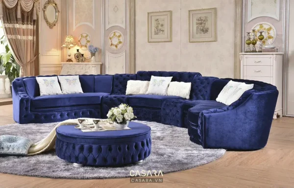 Phòng khách sang trọng với sofa xanh dương và nội thất tinh tế