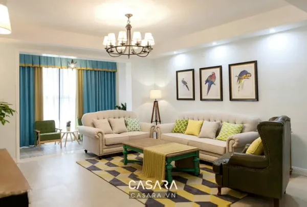 Phòng khách hiện đại, ấm cúng với nội thất tinh tế, màu sắc hài hòa.