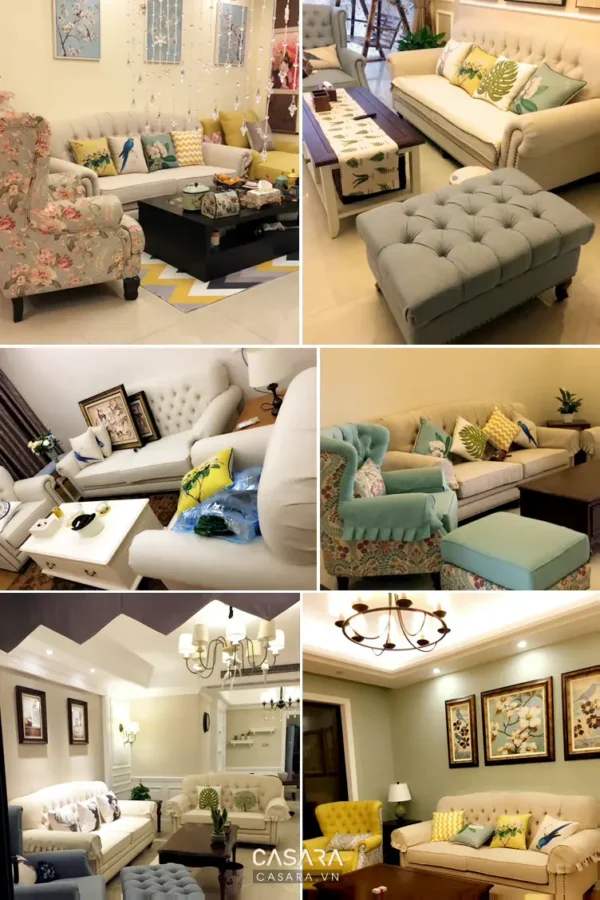 Phòng khách trang nhã với nội thất ấm cúng, màu sắc tươi sáng.