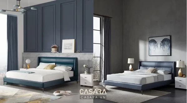 Phòng ngủ hiện đại, sang trọng với gam màu xanh lam chủ đạo.