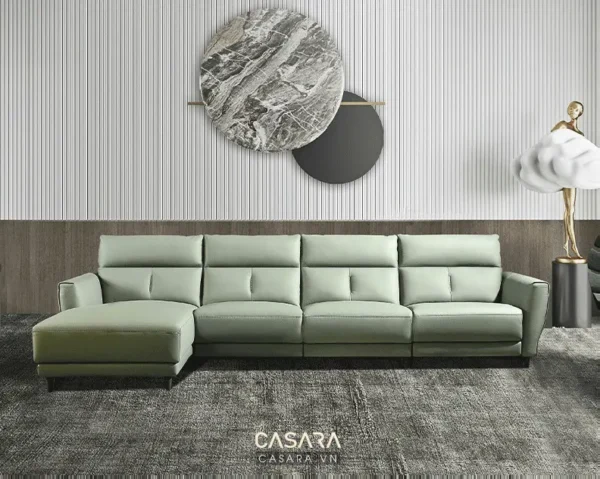 Bộ sofa góc màu xanh bạc hà hiện đại, sang trọng trong không gian phòng khách.